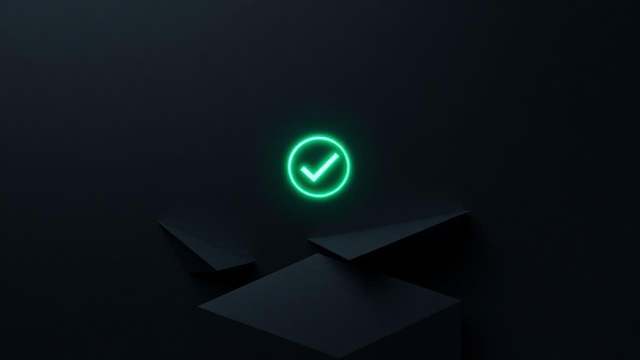 A glowing approval mark above folded paper shapes