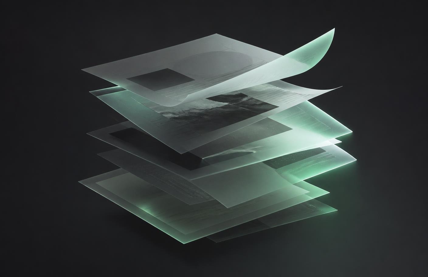 Stacked editorial pages lit with mint light