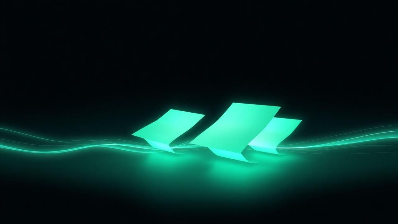 Glowing editorial pages floating above a dark surface, representing guest post placements